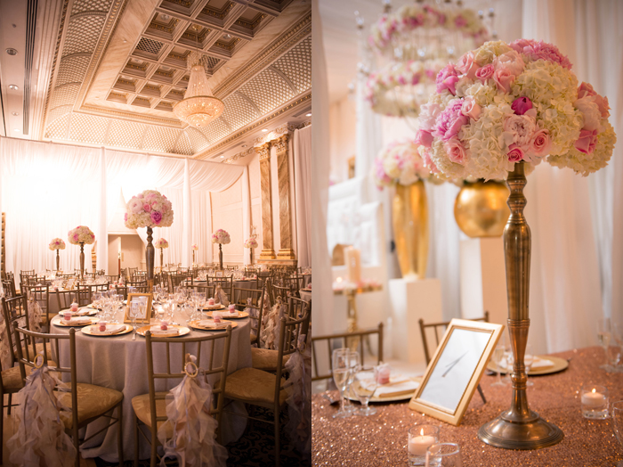 Sophisticated pink and gold centerpieces grace the reception tables. rebeccachan.ca