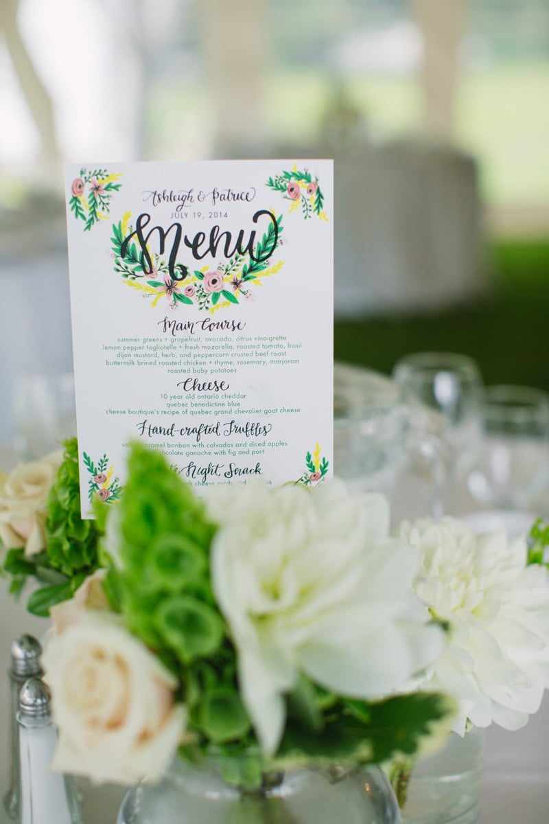 Custom illustrated menu card with white and green floral. See more at Rebecca Chan Weddings and Events https://rebeccachan.ca