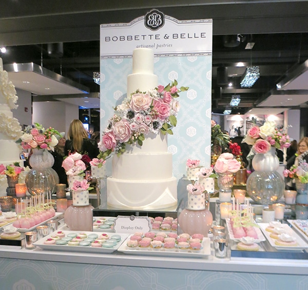 Beautiful sweets table with a soft pink and blue colour palette from Bobbette & Belle. Bold Floral and Floral Cake Ideas from the Wedluxe Show 2015. For more ideas, visit Rebecca Chan Weddings and Events at rebeccachan.ca