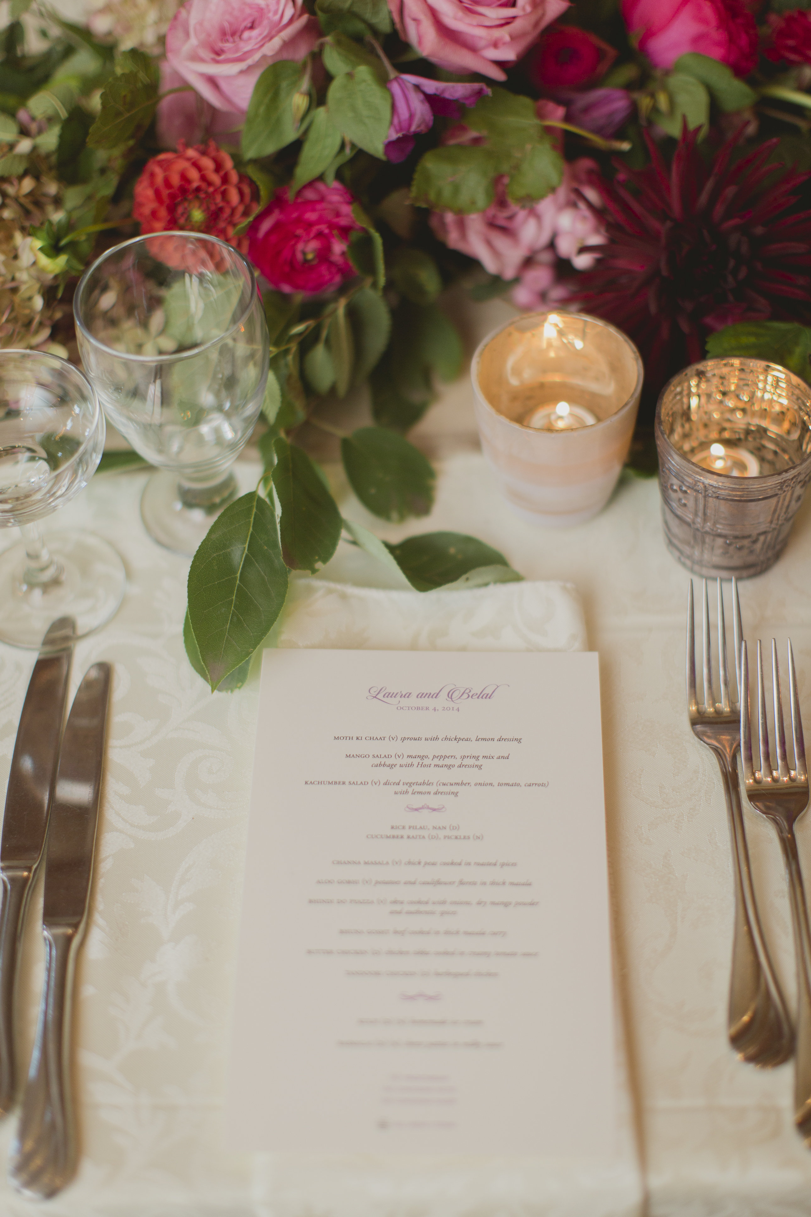 Romantic cranberry and blush floral centrepiece and menu. See more at Rebecca Chan Weddings and Events https://rebeccachan.ca