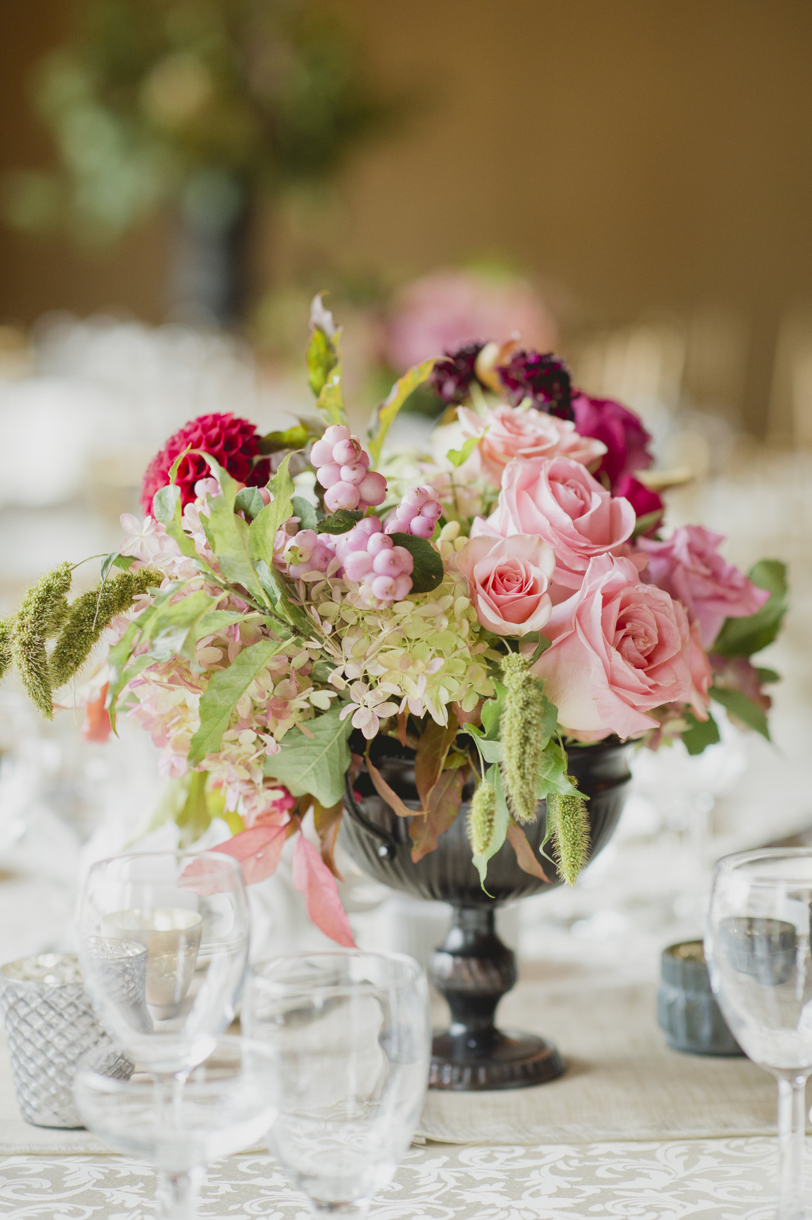 Romantic cranberry and blush floral centrepiece. See more at Rebecca Chan Weddings and Events https://rebeccachan.ca