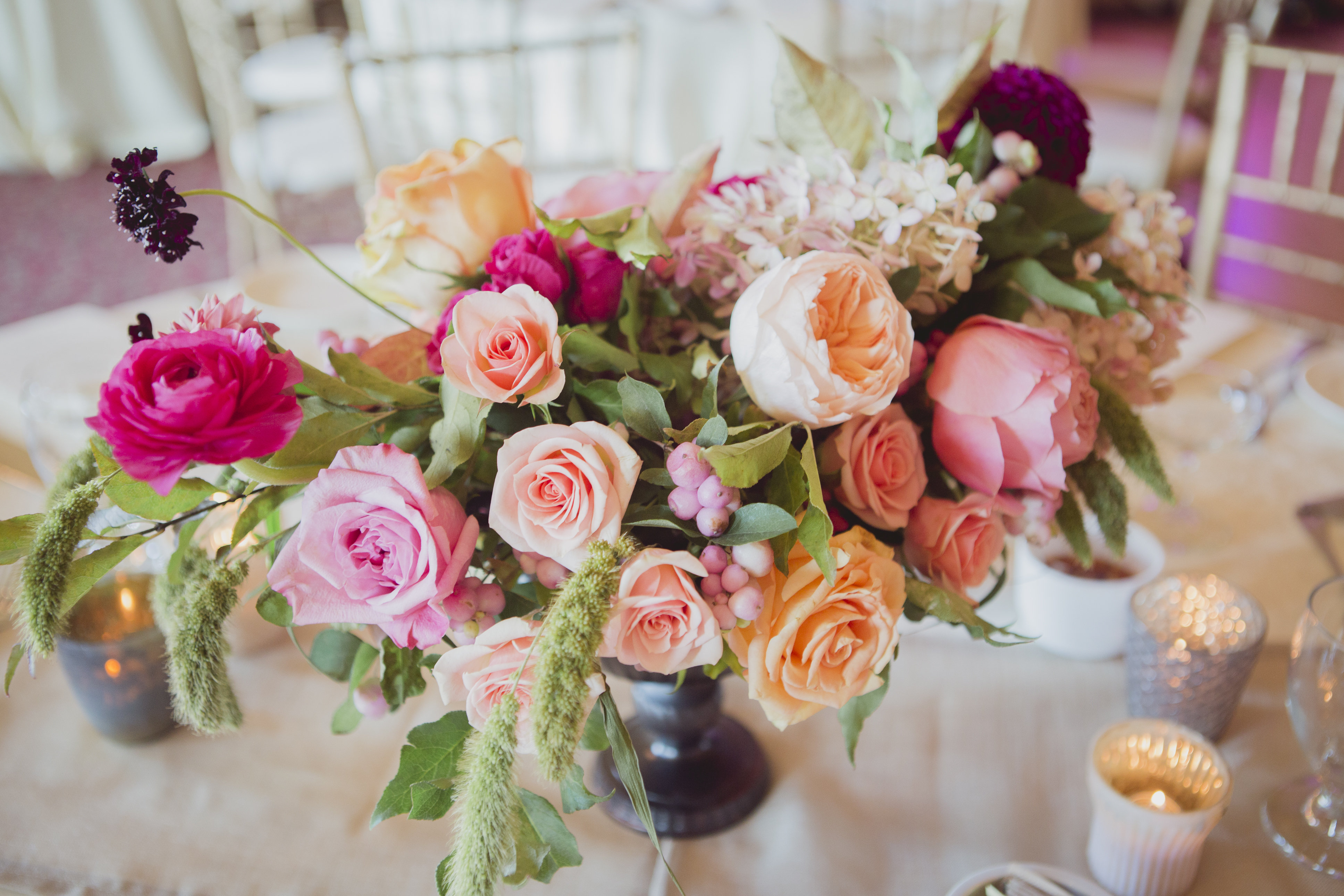 Romantic cranberry and blush floral centrepiece. See more at Rebecca Chan Weddings and Events https://rebeccachan.ca