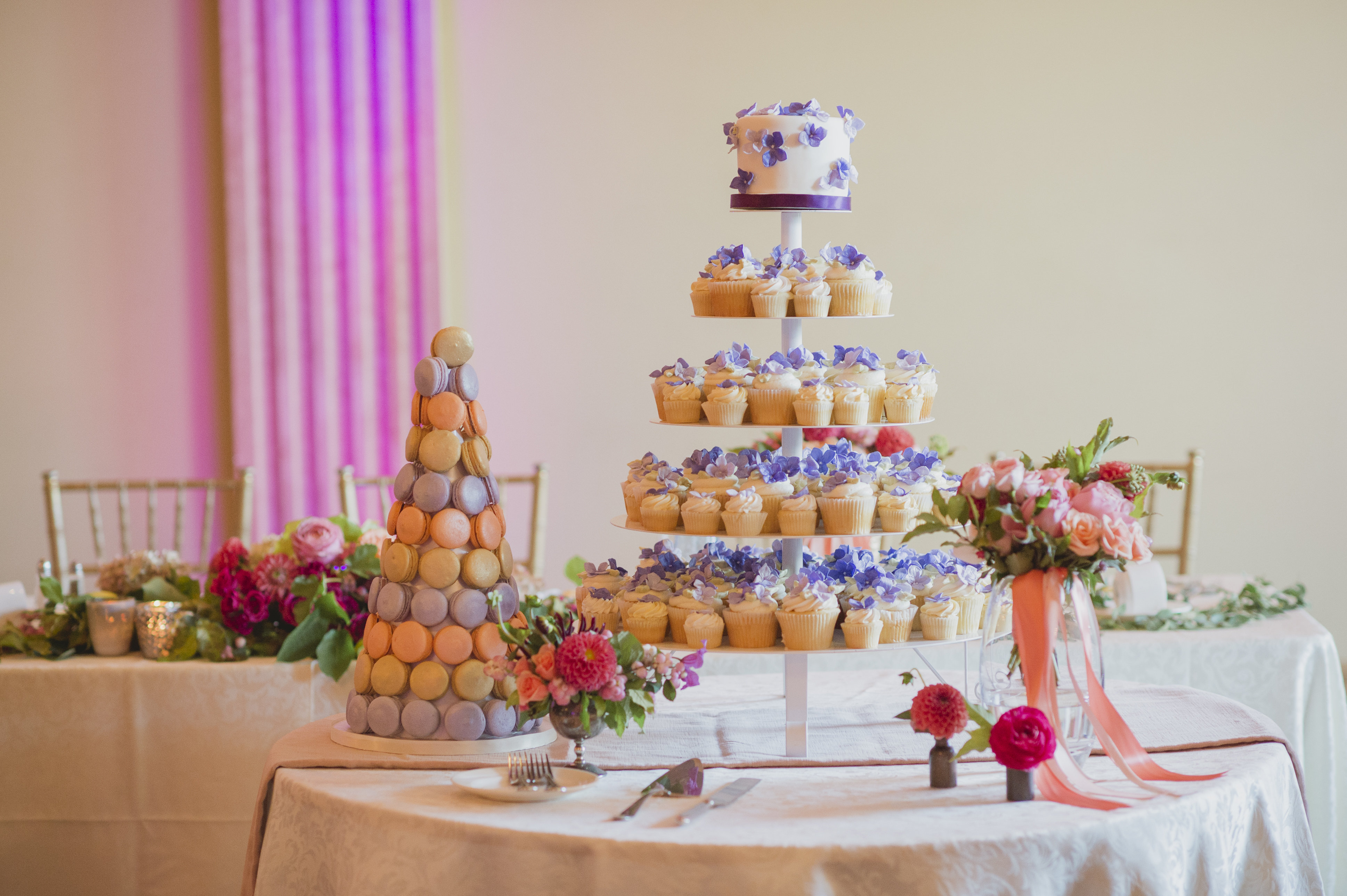 Wedding cake, cupcakes and macaron tower by Bobbette and Belle. See more at Rebecca Chan Weddings and Events https://rebeccachan.ca