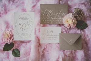 Coral and Gold Wedding Inspiration - Invitation with calligraphy and cotton candy. See more at Rebecca Chan Weddings and Events rebeccachan.ca