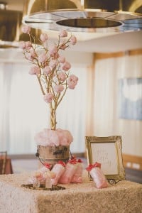 Pink cotton candy tree and bags of ombre cotton candy bags. Coral and Gold Wedding Inspiration - See more at Rebecca Chan Weddings and Events rebeccachan.ca