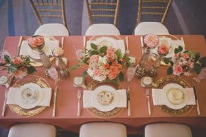 Coral and Gold Wedding tablescape - See more at Rebecca Chan Weddings and Events rebeccachan.ca