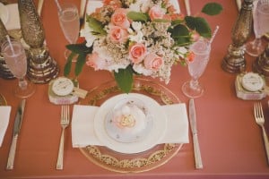 Coral and Gold Wedding place setting - See more at Rebecca Chan Weddings and Events rebeccachan.ca