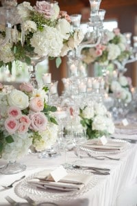 Blush Pink Ontario Winery wedding - romantic reception table with chandeliers