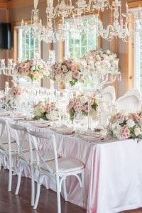 Blush Pink Ontario Winery wedding - romantic reception table with chandeliers