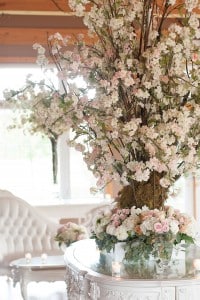 Blush Pink Ontario Winery wedding - romantic reception table with chandeliers