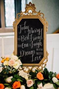 Estates of Sunnybrook indoor ceremony inspiration - gold calligraphy wedding sign