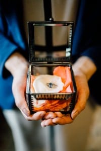 Estates of Sunnybrook indoor ceremony inspiration - vintage wedding ring box with blue sapphire ring