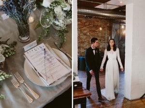 Intimate Burroughes Building wedding with string lights and lavender