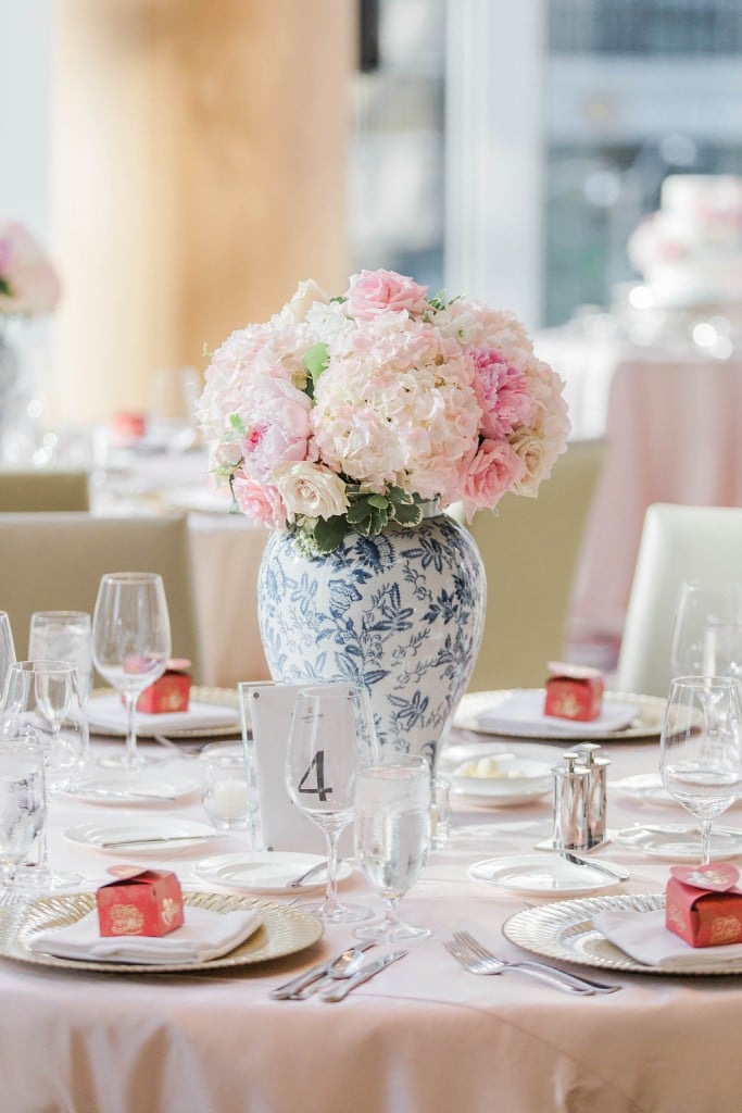 Pink floral in blue chinoiserie vases - Elegant Shangri-La Hotel Toronto wedding