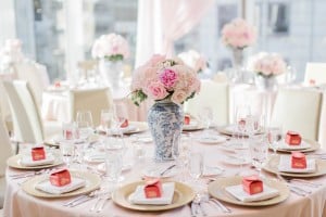 Pink floral in blue chinoiserie vases - Elegant Shangri-La Hotel Toronto wedding