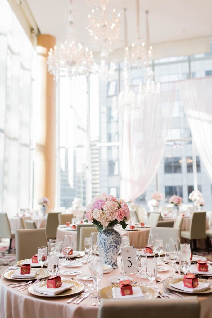 Pink floral in blue chinoiserie vases - Elegant Shangri-La Hotel Toronto wedding