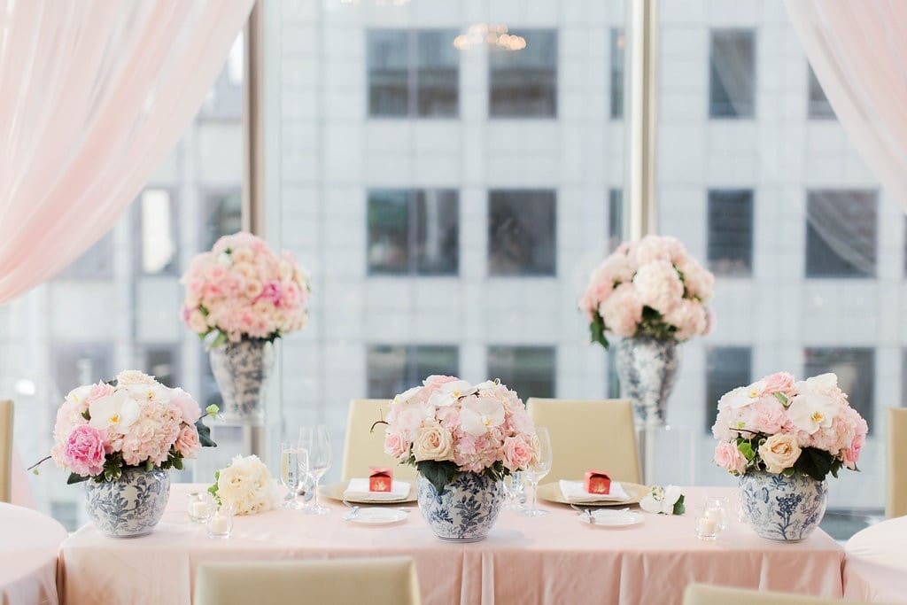 Pink floral in blue chinoiserie vases - Elegant Shangri-La Hotel Toronto wedding