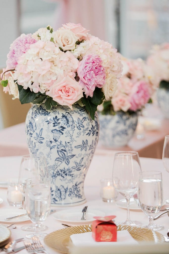 Pink floral in blue chinoiserie vases - Elegant Shangri-La Hotel Toronto wedding