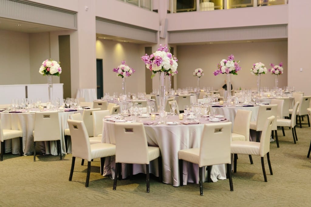 Modern Arcadian Court wedding reception - lavender centrepieces