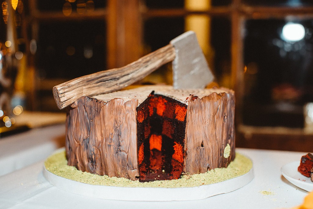 Lumberjack and plaid groom's cake. Rustic same sex wedding at Toronto's Ward's Island. Rebecca Chan Weddings and Events rebeccachan.ca