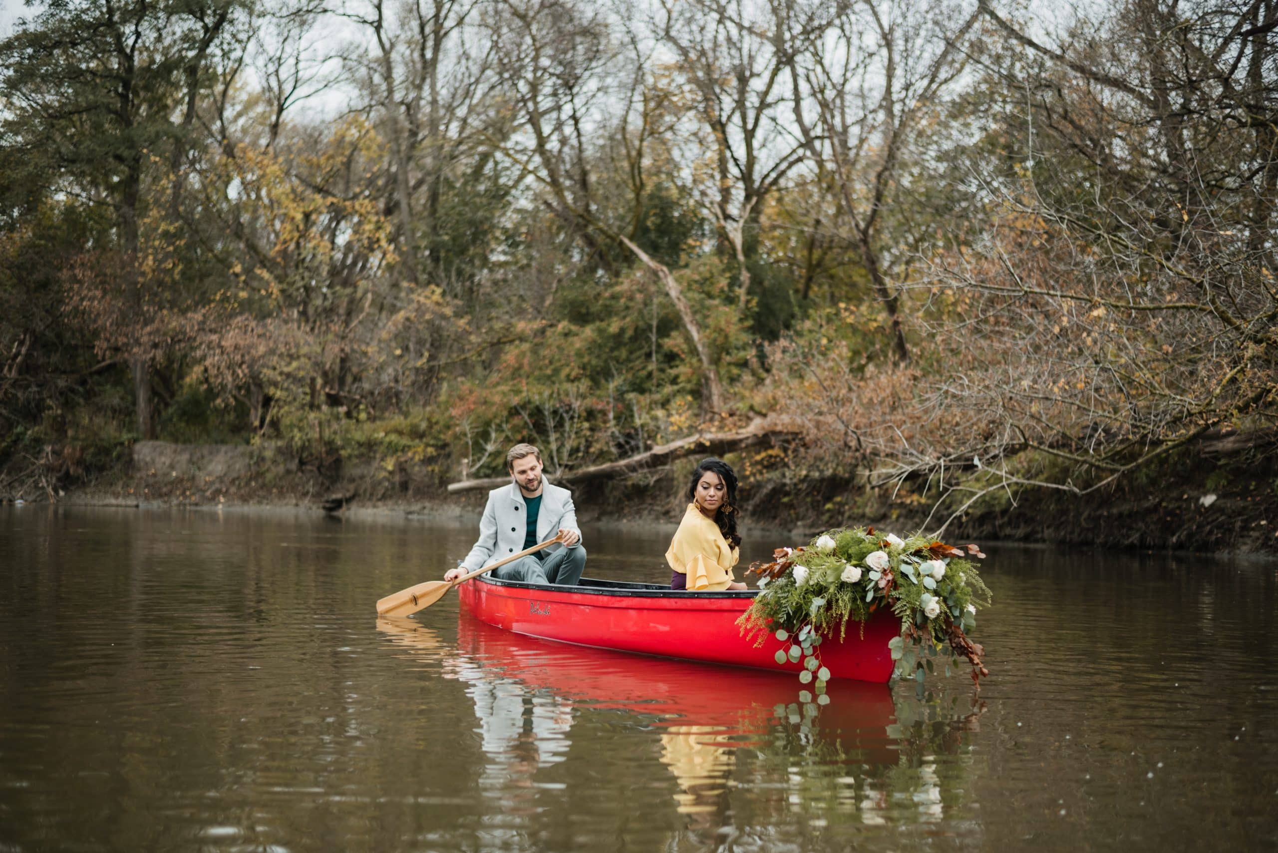 Romantic Engagement Shoot in a Canoe and A Dog