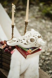 Romantic engagement shoot in a canoe with a dog