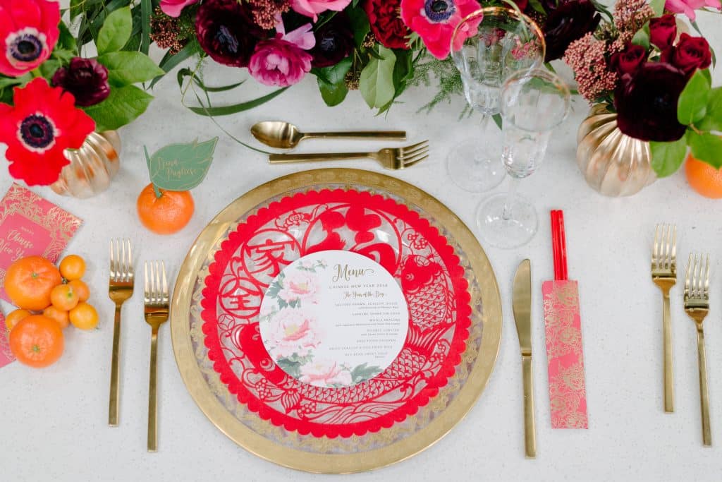 Custom designed peony menu - Chinese New Year decorating ideas as seen on Breakfast Television with Rebecca Chan Weddings and Events rebeccachan.ca