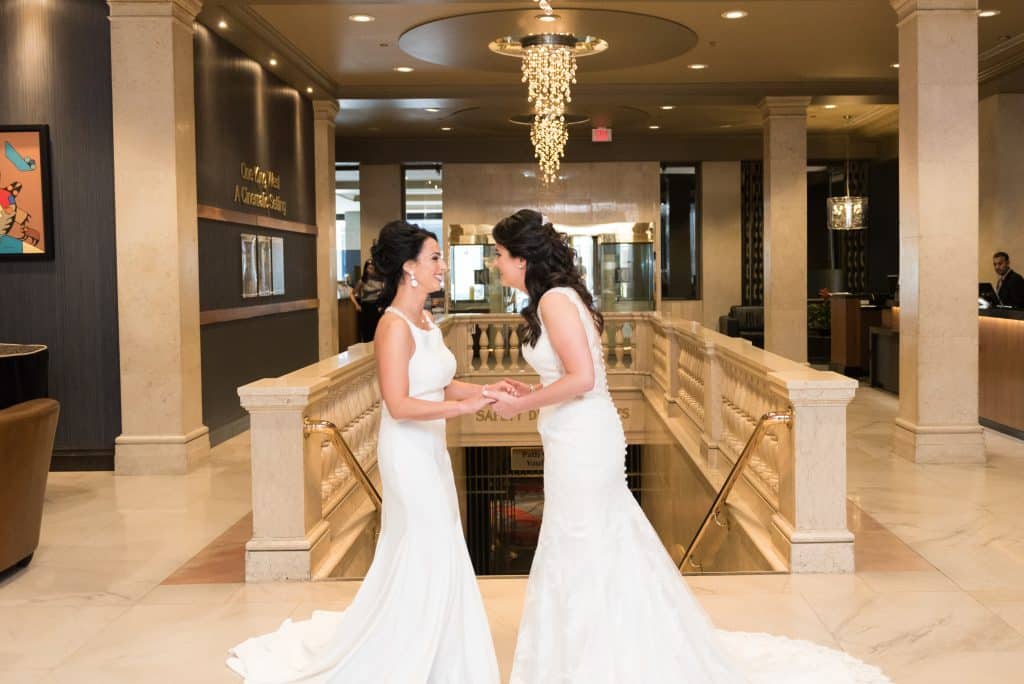 Elegant wedding with two brides and robots