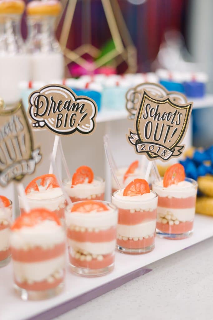 Lemonade parfaits with cute grad toppers - Cityline Prom Special Party Planning tips with Rebecca Chan Weddings and Events. and Tracy Moore