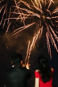 Fireworks at a luxurious blush garden wedding at Eagles Nest Golf Course