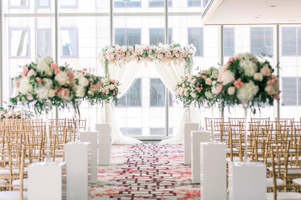 Blush and gold Shangri-La Hotel Toronto Wedding ceremony with roses and peonies