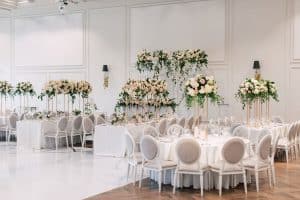 Modern garden wedding with marble and gold accents at Arlington Estate