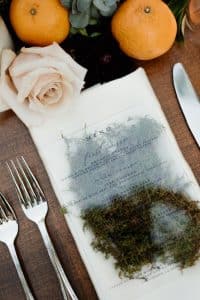 Acrylic and Moss Menu at Outdoor Rustic Boho-Chic Wedding at Kurtz Orchards Farm