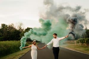 Fun Boho-Chic Wedding Photos with Smoke Bomb at Kurtz Orchards Farm