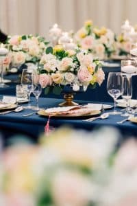 Navy linen and blush flowers at Shangri-La Hotel Toronto