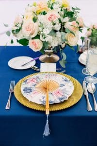 Navy linen and blush flowers at Shangri-La Hotel Toronto