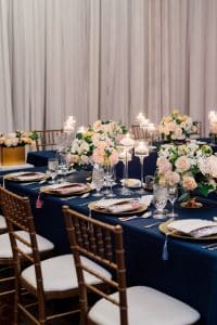 Navy linen and blush flowers at Shangri-La Hotel Toronto