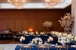 Navy linen and blush flowers at Shangri-La Hotel Toronto Queen's Park Ballroom