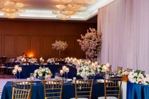Navy linen and blush flowers at Shangri-La Hotel Toronto