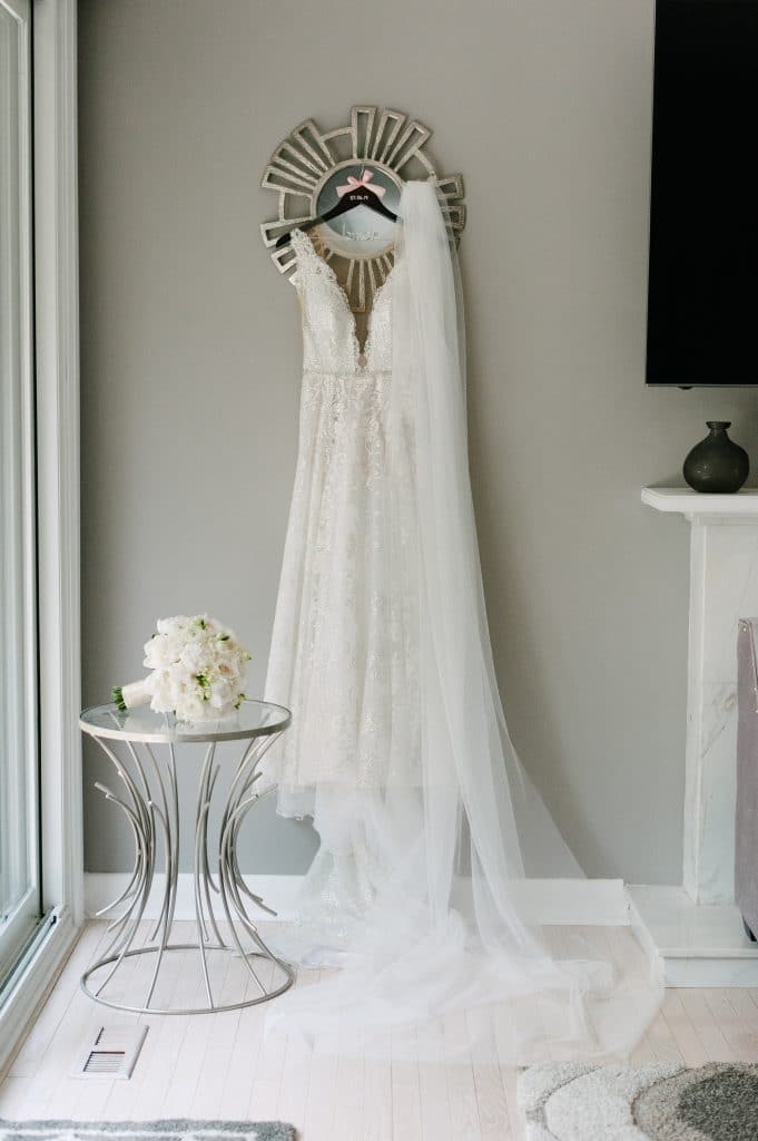 Wedding dress and bouquet