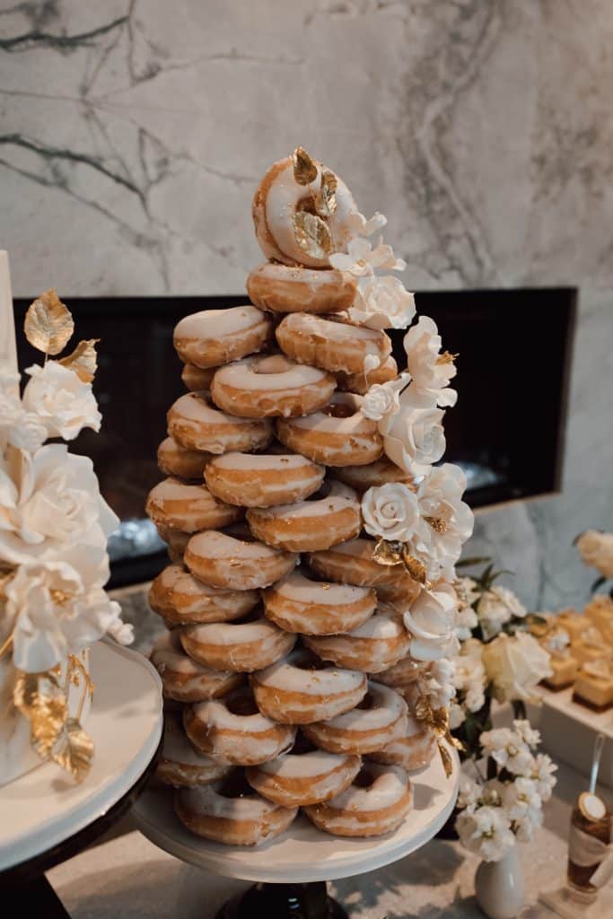 White and gold wedding donut tower