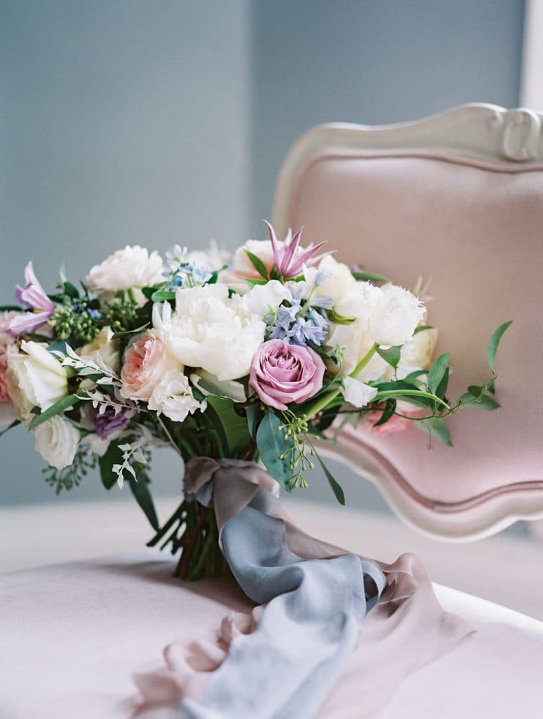 Blue and pastel bridal bouquet, French Riviera inspired wedding ideas, from Rebecca Chan Weddings & Events.