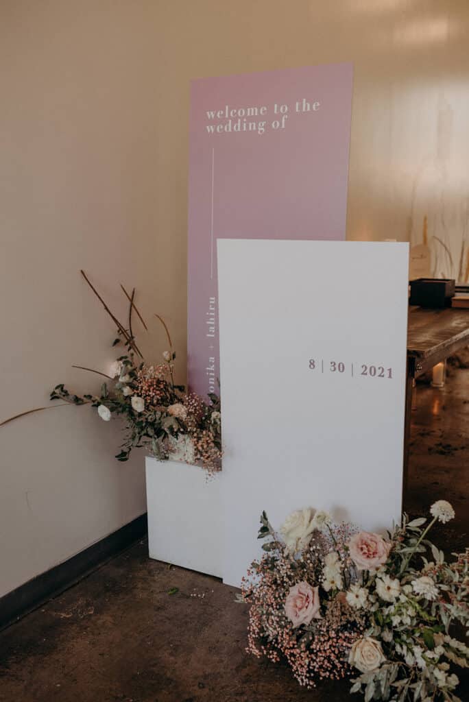 Welcome sign - Whimsical and dreamy cloud wedding ceremony at District 28. Planning by Rebecca Chan Weddings & Events rebeccachan.ca