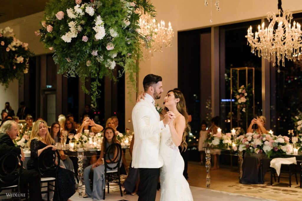 Modern indoor garden wedding first dance at Globe and Mail Centre, by Rebecca Chan Weddings & Events rebeccachan.ca