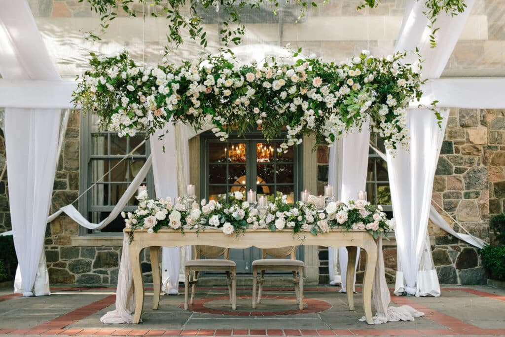 Outdoor terrace wedding reception head table - Classic and timeless Graydon Hall Manor Garden wedding. Planning by Rebecca Chan Weddings and Events.