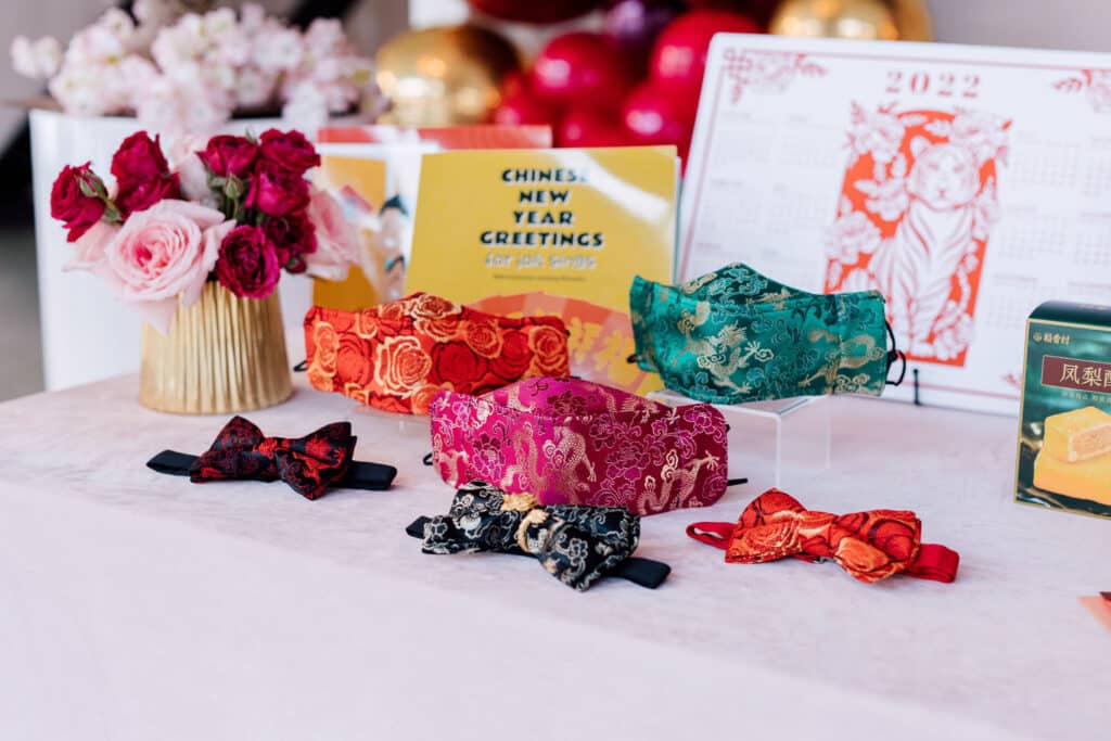 Modern Chinese style masks and bowties - Chinese New Year gifting and decor ideas on Cityline, with event planner Rebecca Chan.