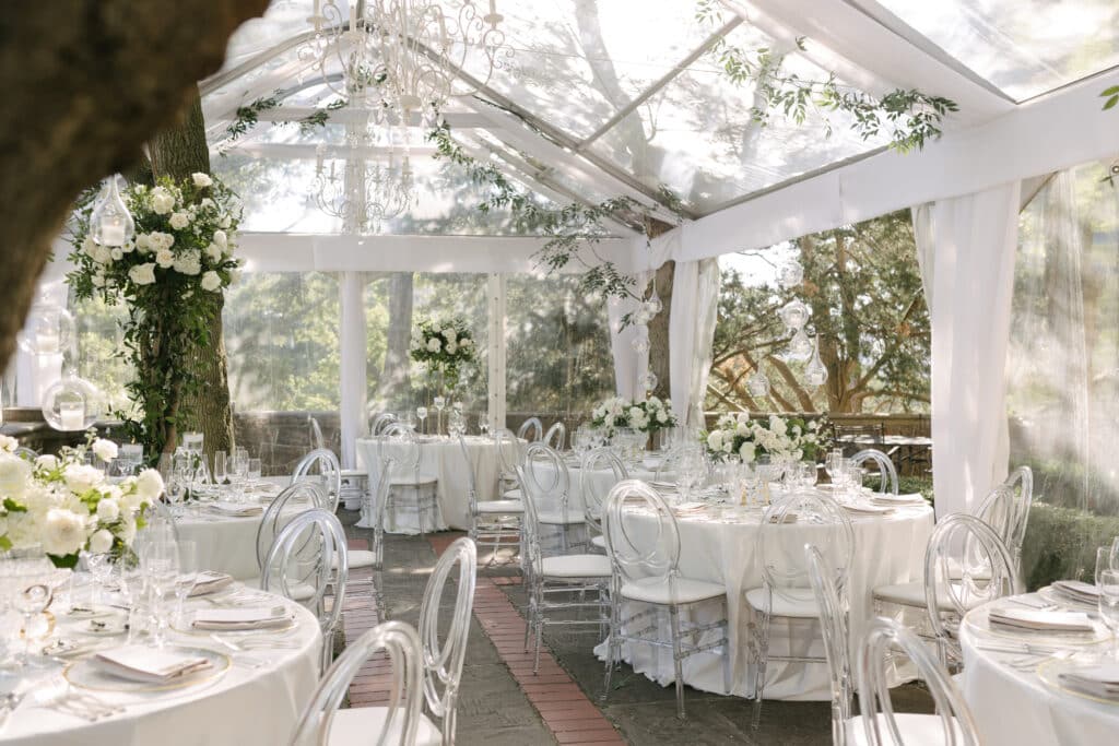 Graydon Hall Manor Wedding - Reception on the Terrace with white roses and greenery. Planned by Rebecca Chan Weddings & Events