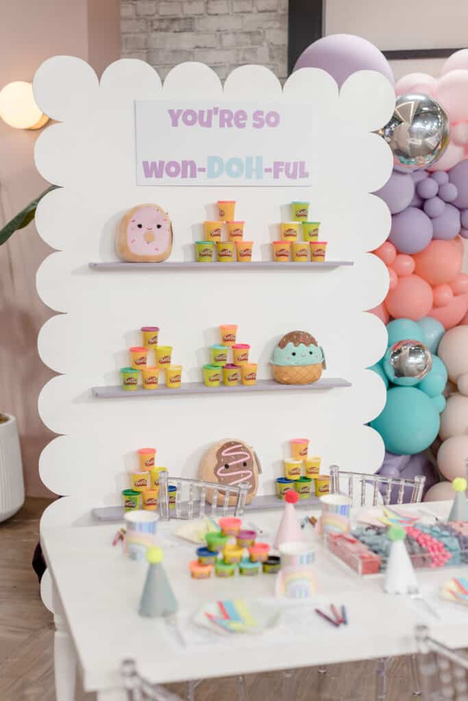 Playdoh and squishmallow gift wall - Epic kids party ideas, as seen on Cityline  with Rebecca Chan Weddings and Events. rebeccachan.ca