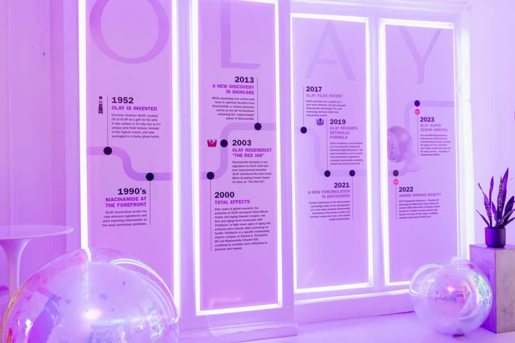 Brand activation - Olay Super Serum media launch party history wall with unique backlit LED panels