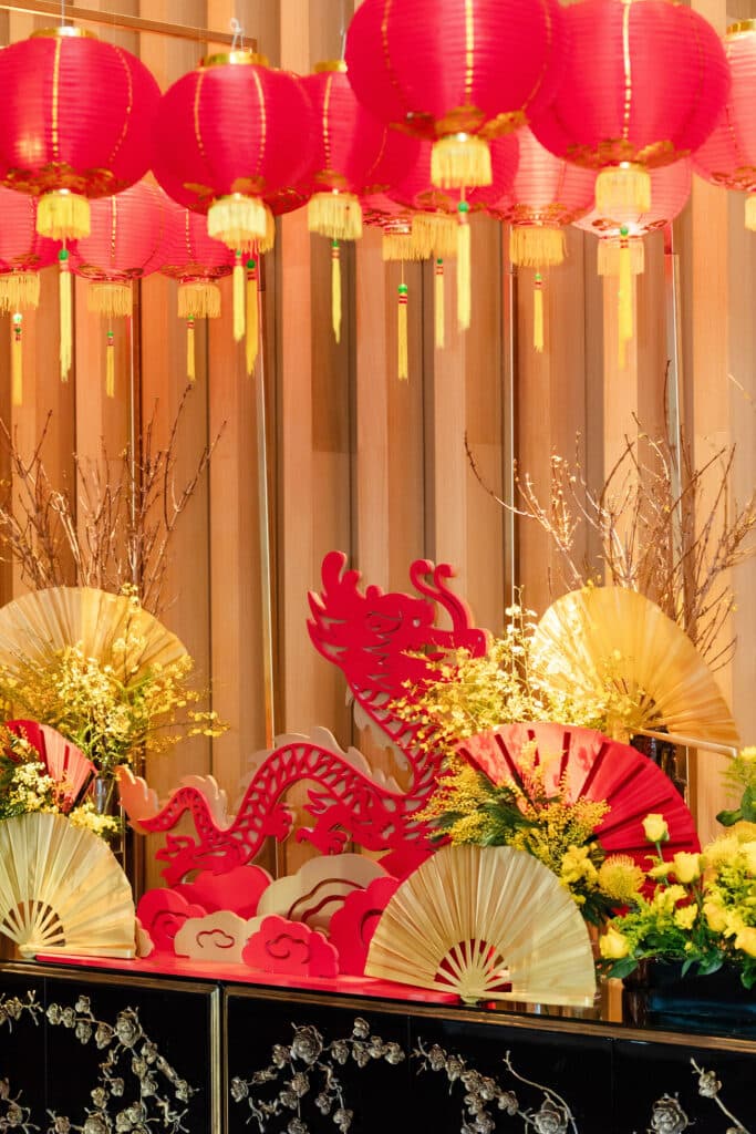 Lunar new year decoration with dragon, lanterns, fans and flowers, designed for Shangri-La Hotel Toronto's lobby activation.